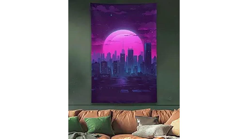 purple vaporwave cityscape tapestry