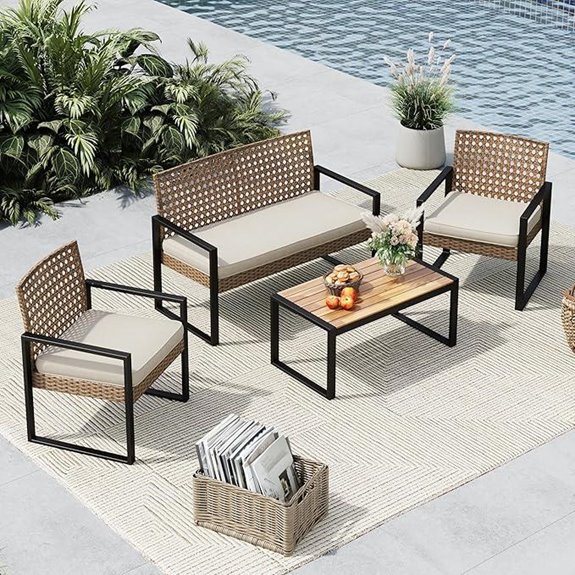 MFSTUDIO Wicker Patio Furniture Set with Acacia Table